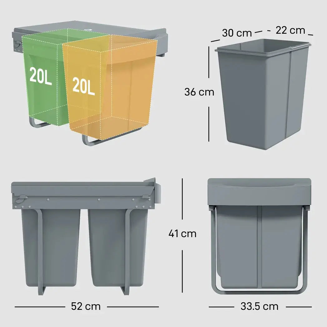 HOMCOM Pull Out Bin, Kitchen Under Sink Bin with 2 Removable Compartments, Smooth Glide, Grey - from HOMCOM