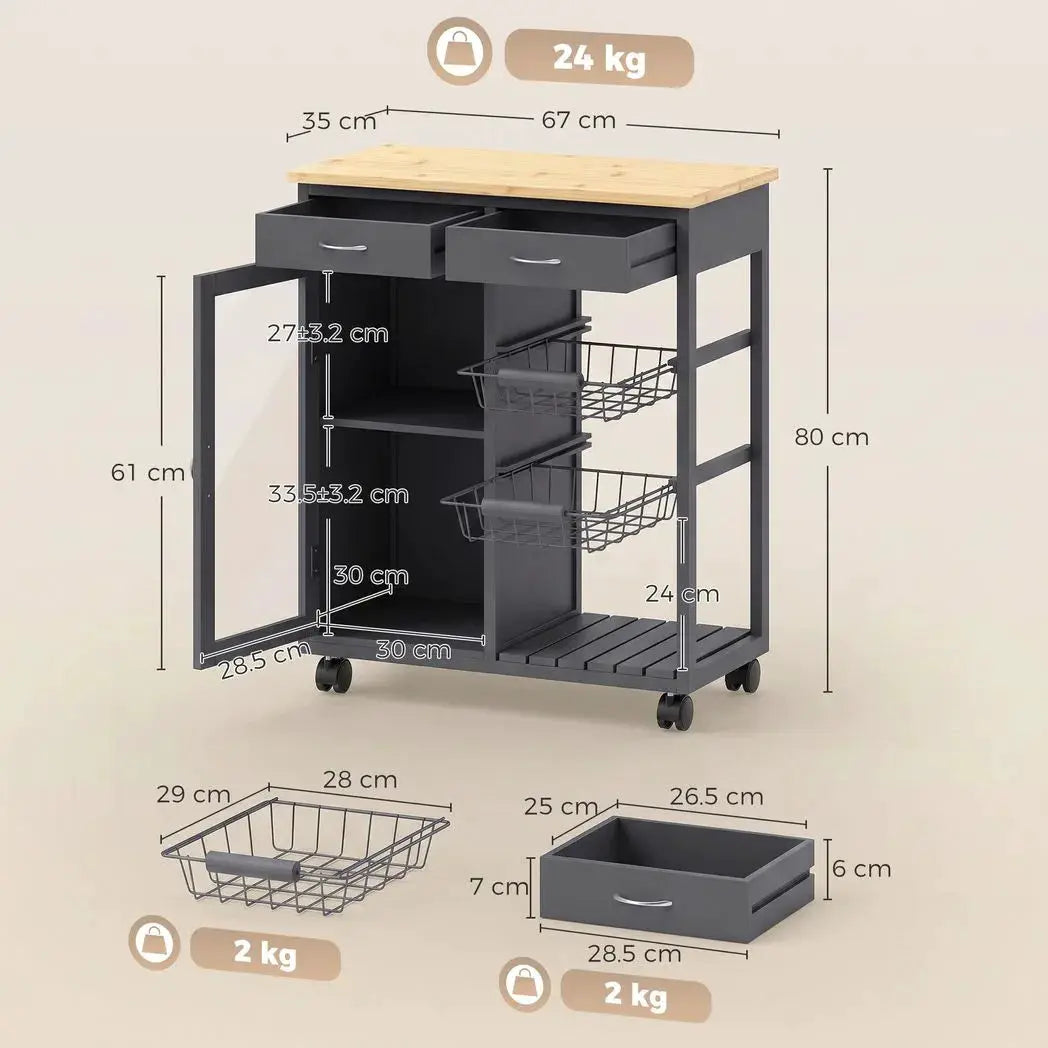 HOMCOM Bamboo Kitchen Island, Rolling Kitchen Trolley with Glass Door, 2 Metal Wire Baskets and Adjustable Shelf, Grey - from HOMCOM