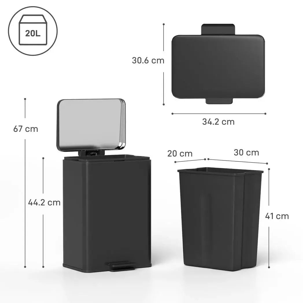 HOMCOM 20L Kitchen Bin with Soft-Close Lid and Stay-Open Function, Stainless Steel Pedal Bin with Removable Inner Bucket for Kitchen, Office, Home, Matte Black - from HOMCOM