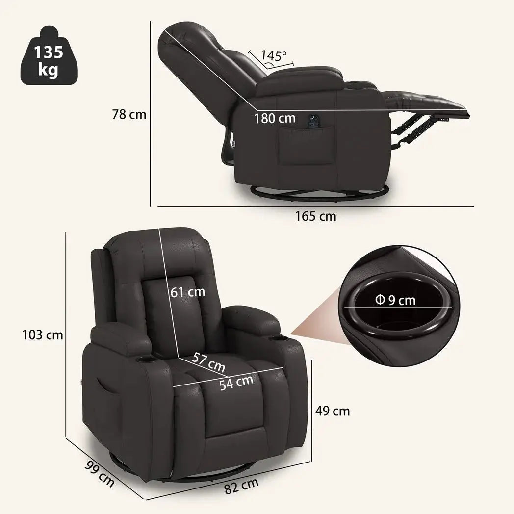 HOMCOM PU Leather Recliner Chair, Recliner Armchair with Extended Footrest, Cup Holders and Side Pockets, Dark Brown - from HOMCOM