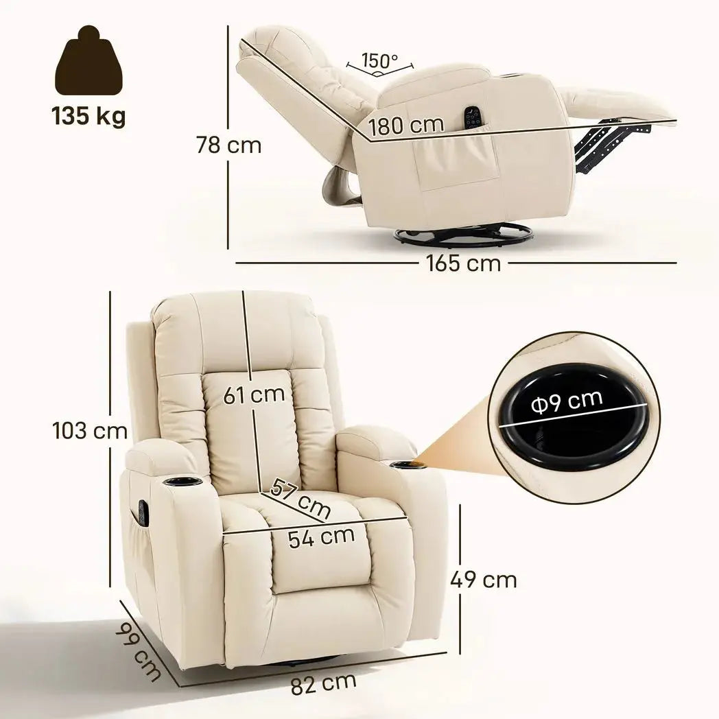 HOMCOM PU Leather Recliner Chair, Recliner Armchair with Extended Footrest, Cup Holders and Side Pockets, Cream - from HOMCOM