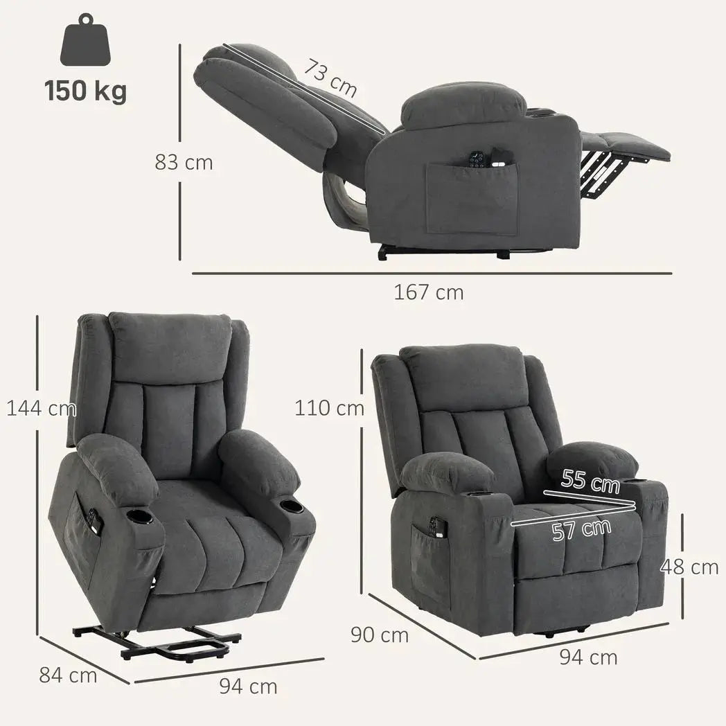 HOMCOM Dual Motor Recliner Chair, 55° Electric Lift Chair for Elderly, Recliner Armchair with Massage and Heat, Dark Grey - from HOMCOM