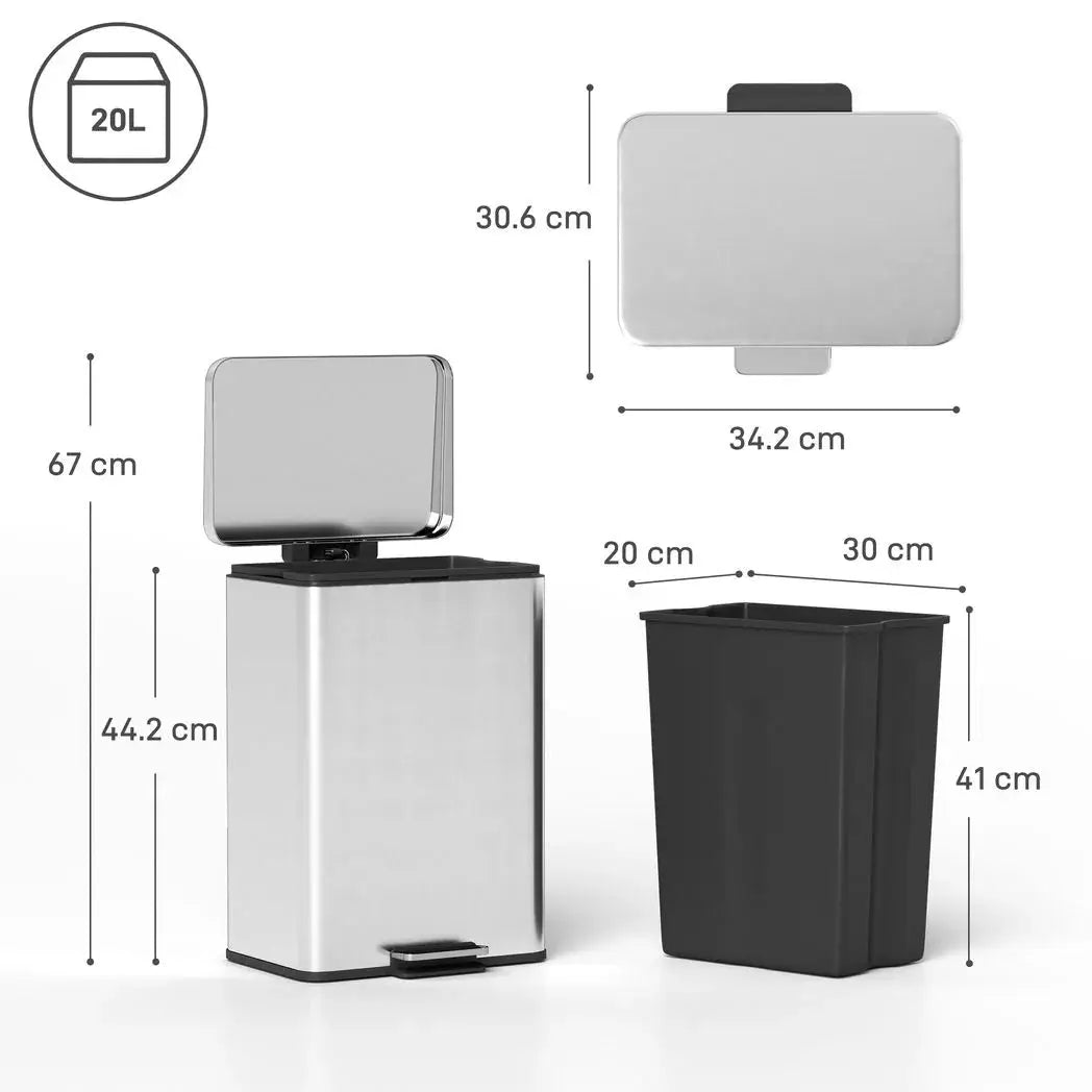 HOMCOM 20L Kitchen Bin with Soft-Close Lid and Stay-Open Function, Stainless Steel Pedal Bin with Removable Inner Bucket for Kitchen, Office, Home, Silver Tone - from HOMCOM