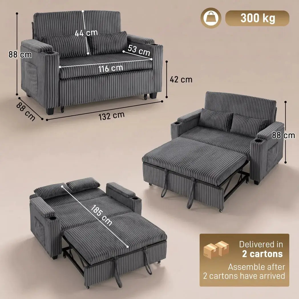 HOMCOM 2 Seater Sofa Bed, Pull Out Sleeper Sofa w/ Adjustable Backrest, Storage Armrests, Cup Holders, Side Pockets, Dark Grey - from HOMCOM