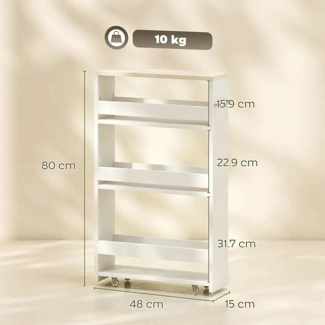 kleankin Storage Cart, 4-Tier Compact Storage Trolley on Wheels and Handle, 48W x 15D x 80H cm, White - from kleankin