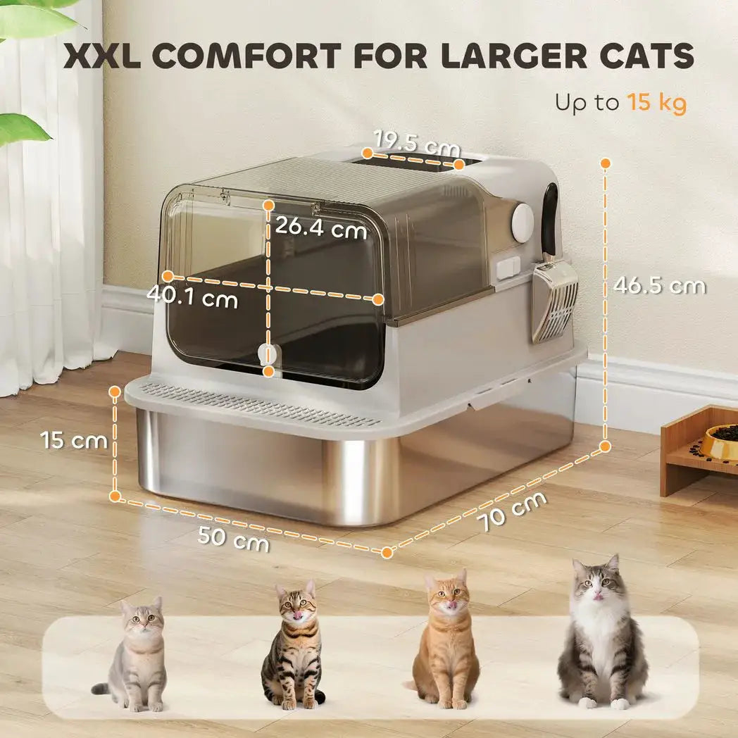 PawHut XXL Stainless Steel Cat Litter Tray, Enclosed Cat Litter Box with 90° Flip Cover, Double Doors, Scoop, Easy Clean, Grey - from PawHut