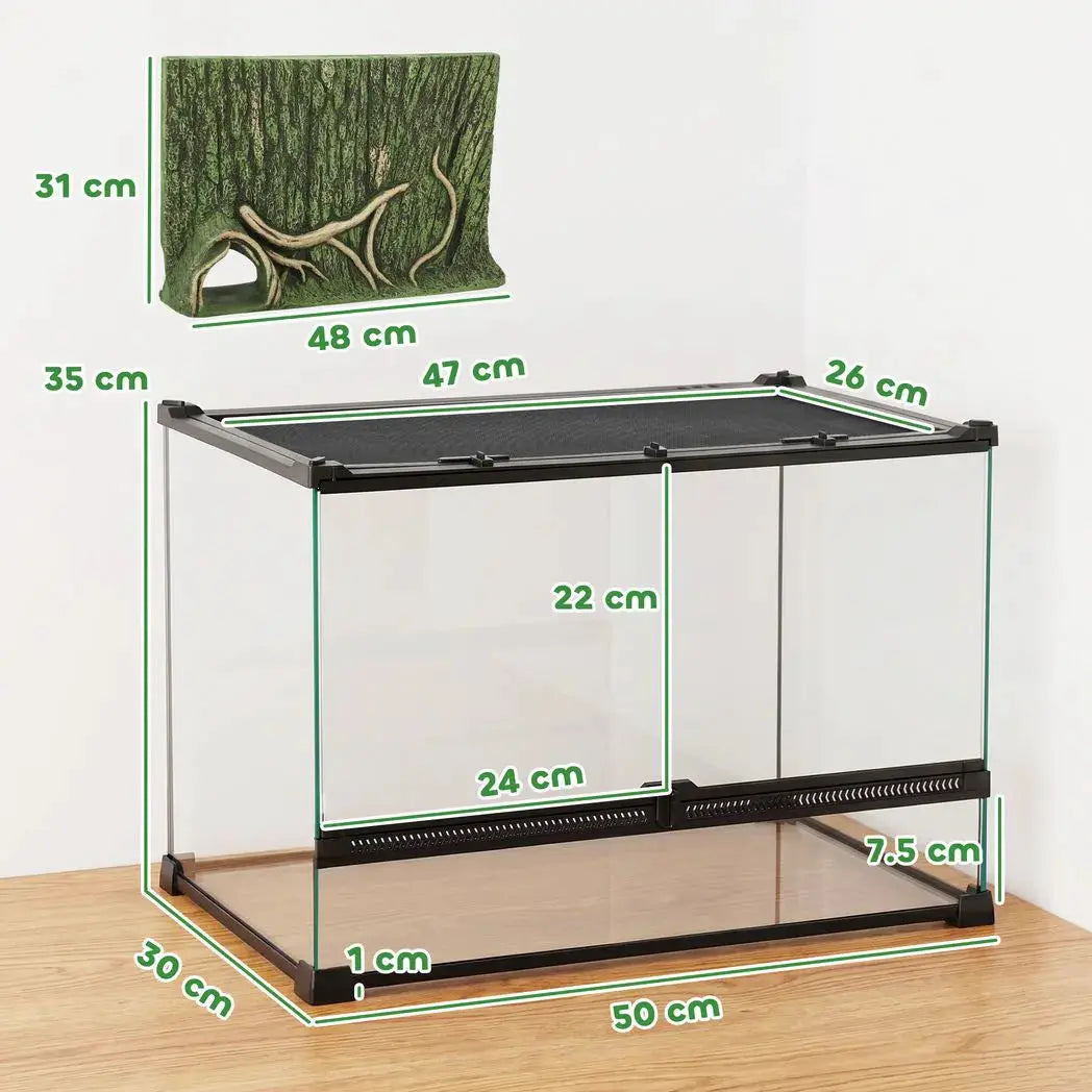 PawHut Reptile Glass Terrarium with Stone Background, Front Ventilation, Escape-Proof Knob Lock, 50 x 30 x 35 cm, Black - from PawHut