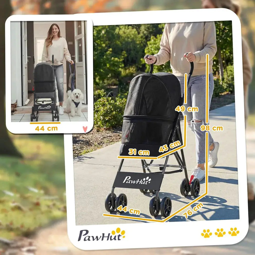 PawHut Dog Stroller, Foldable Cat Dog Pram for Miniature Breeds, Pet Stroller with Brake, Mesh Windows, Black - from PawHut