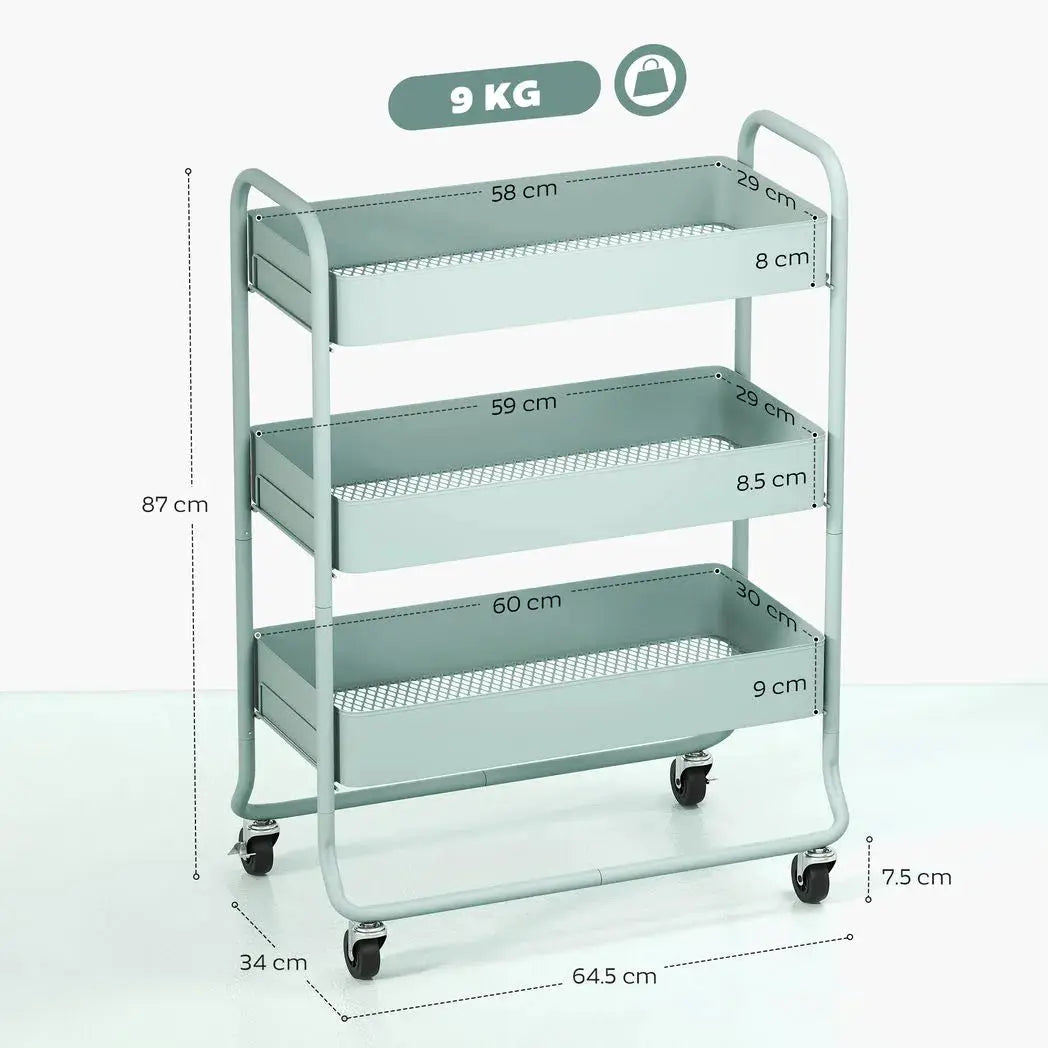 HOMCOM 3-Tier Storage Trolley on Wheels, Rolling Utility Cart with Mesh Backets for Kitchen, Bathroom, Bedroom, Light Green - from HOMCOM