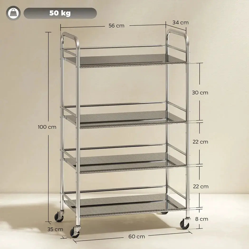 HOMCOM 4 Tier Stainless Steel Kitchen Storage Trolley with Adjustable Shelves - Silver - from HOMCOM