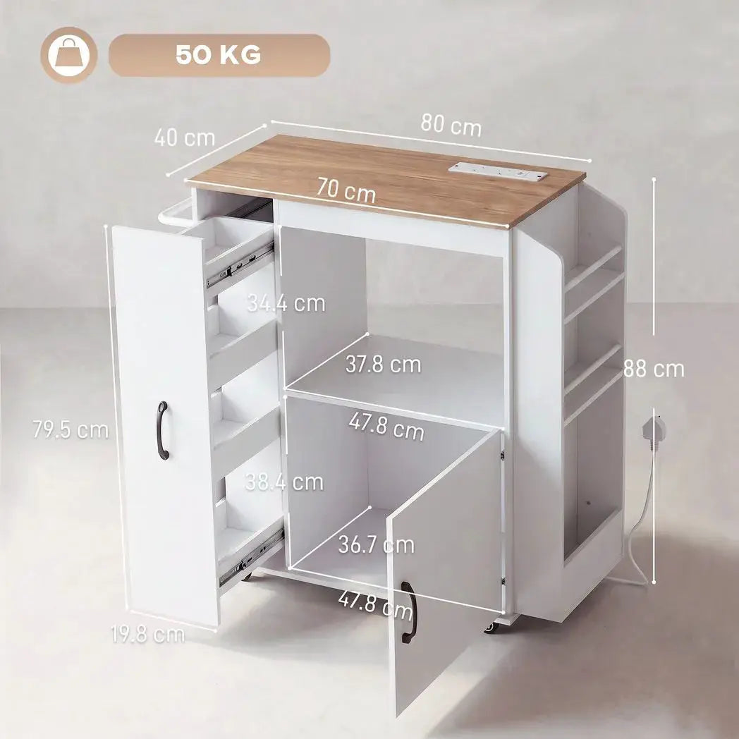 HOMCOM Kitchen Trolley on Wheels, Rolling Kitchen Island Cart with Power Outlet, Cabinet, Pull-Out Drawer, White - from HOMCOM