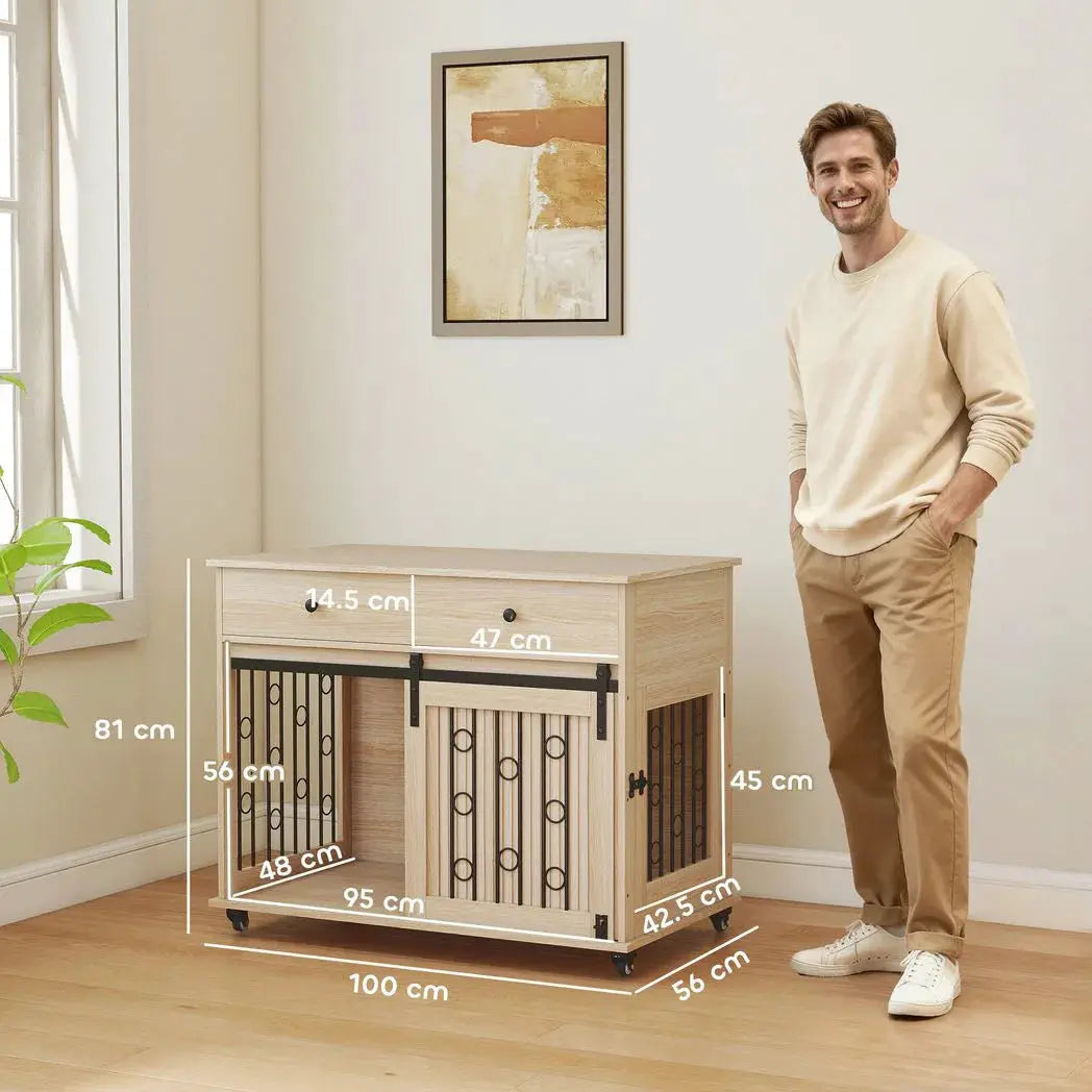 PawHut Dog Crate Furniture on Wheels, Dog Cage with 2 Drawers, Sliding Door, for Medium Large Dogs, Oak Tone - from PawHut
