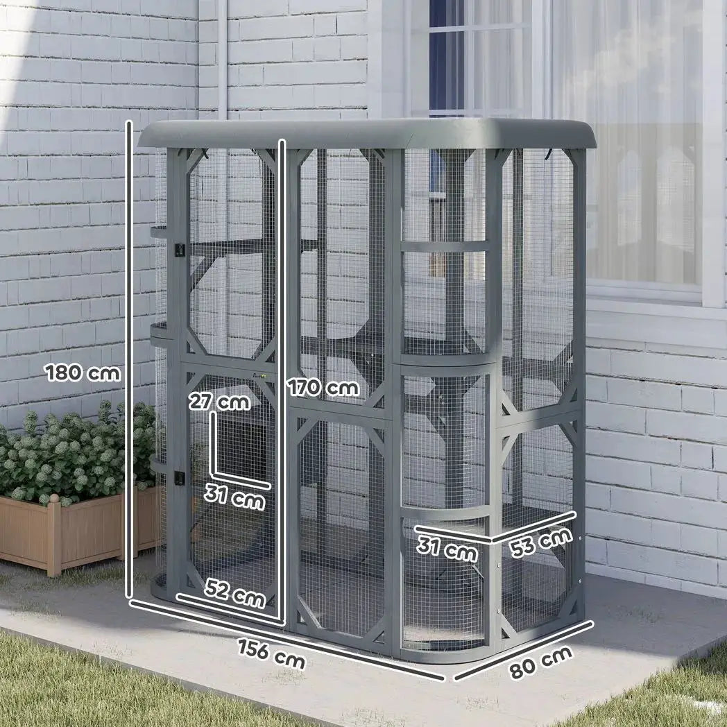 PawHut Catio Outdoor Cat Enclosure, Wooden Cat House with Platforms, Condo and Waterproof Cover for 2?3 Kittens, Grey - from PawHut