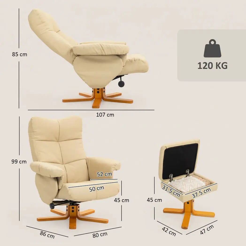 HOMCOM PU Leather Swivel Recliner Chair with Footstool, Wooden Base and Storage for Living Room, Beige - from HOMCOM