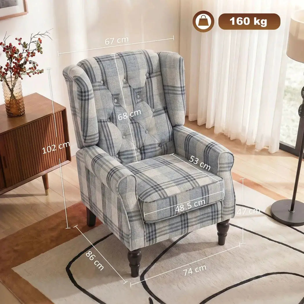 HOMCOM Faux Linen Armchair with Thick Spring Cushion, Wingback Accent Chair with High Back, Solid Wood Legs, Mixed Plaid - from HOMCOM