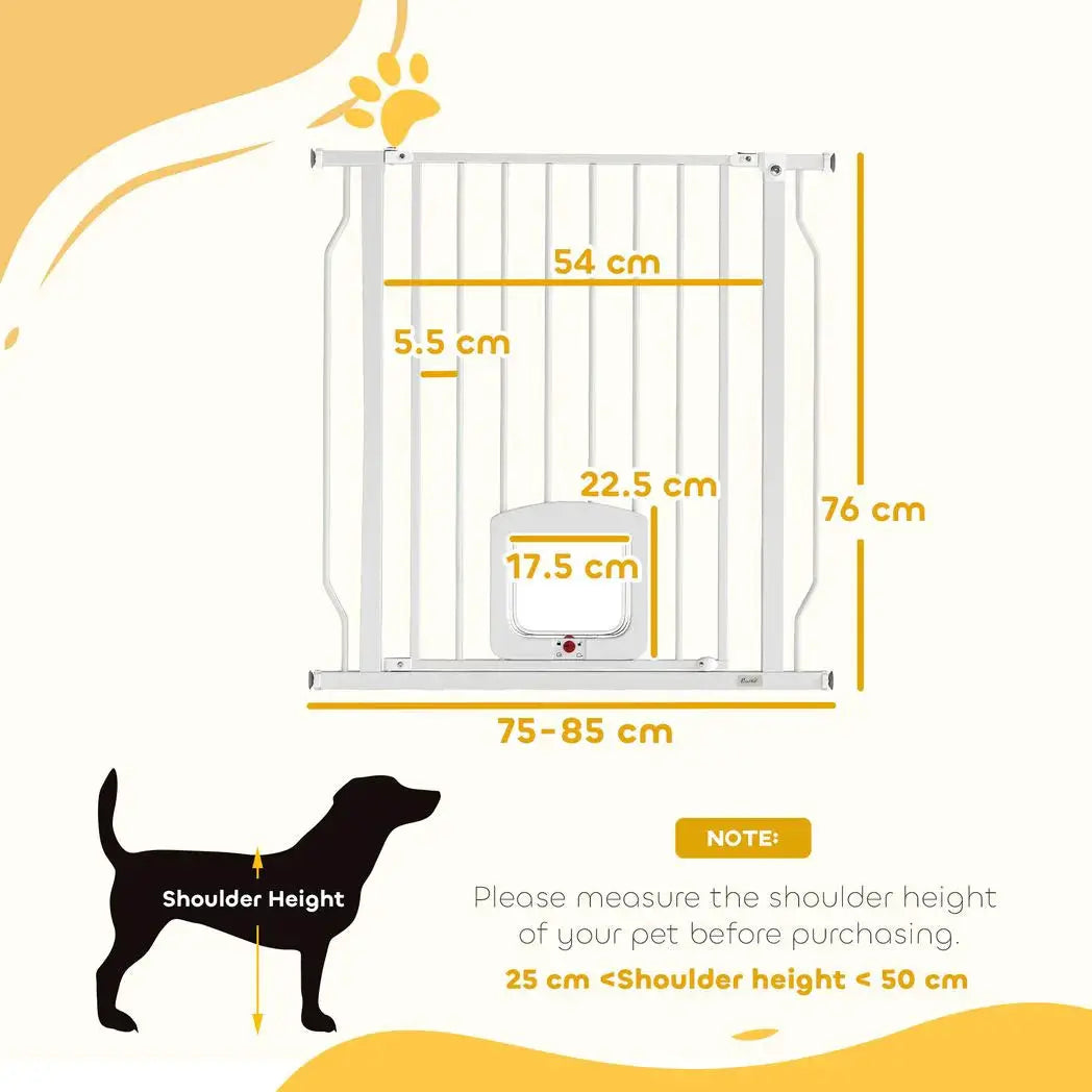 PawHut Adjustable Pet Gate with Cat Door, Pressure Fit Barrier for Doorway and Hallway, 75-85 cm, White - from PawHut