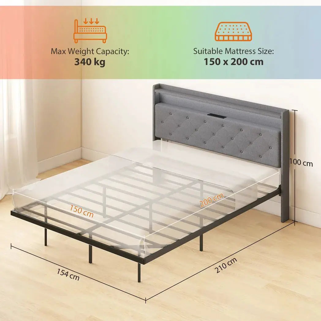 HOMCOM Floating Bed Frame, Upholstered 5ft King Size Bed, Platform Bed with RGB LED Lights and Charging Station, Grey - from HOMCOM