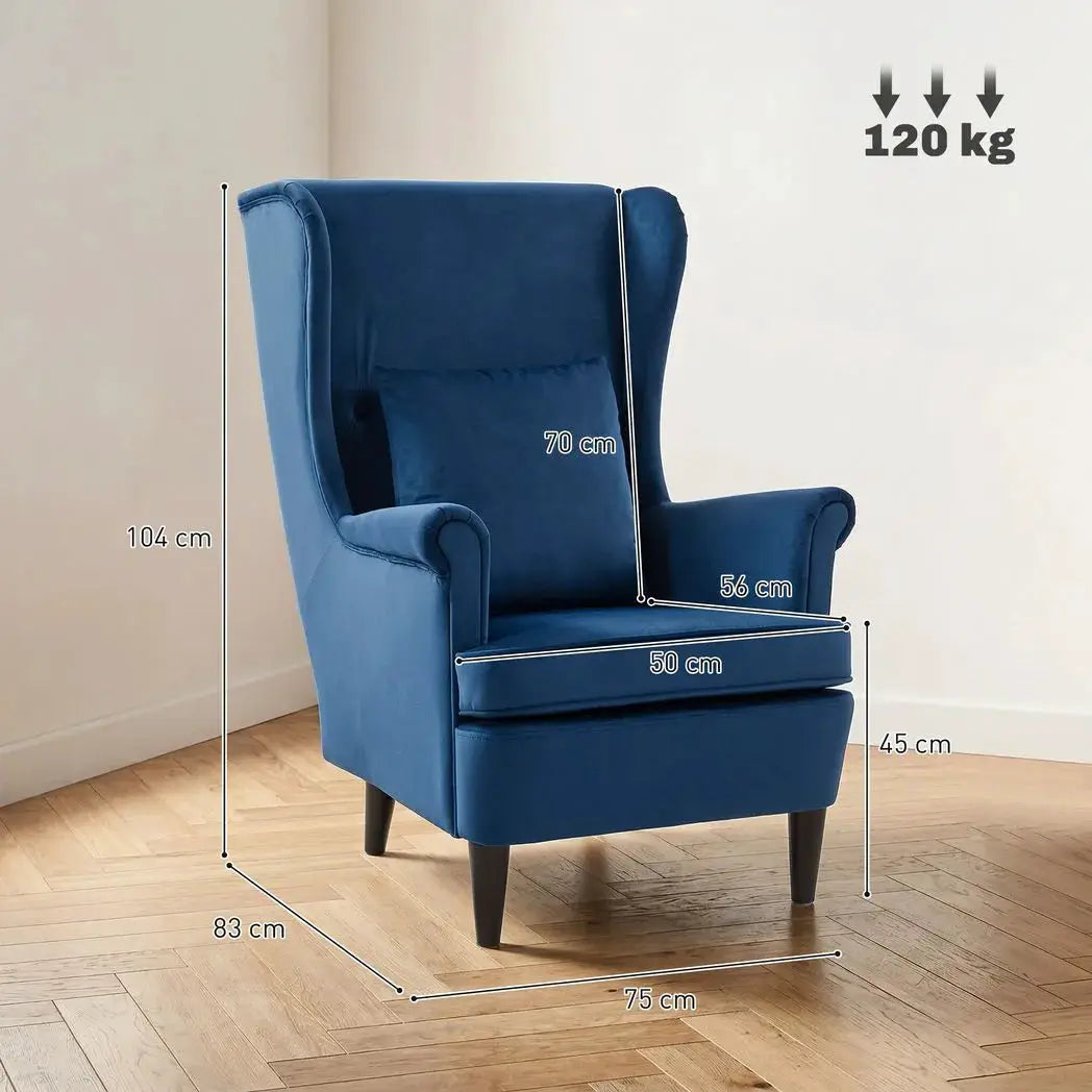 HOMCOM Modern Accent Chair with High Backrest and Pillow, Velvet-Feel Fabric Reading Chair with Solid Wood Legs, Blue - from HOMCOM