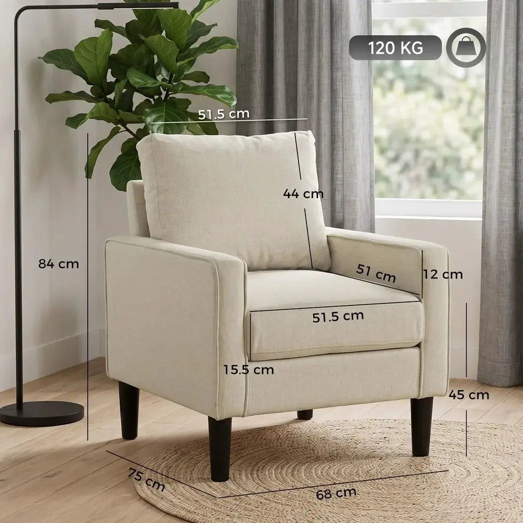 HOMCOM Accent Chair, Removable Pillow Linen Armchair with Comfy Spring Cushion for Living Room, Bedroom, Study, Cream - from HOMCOM