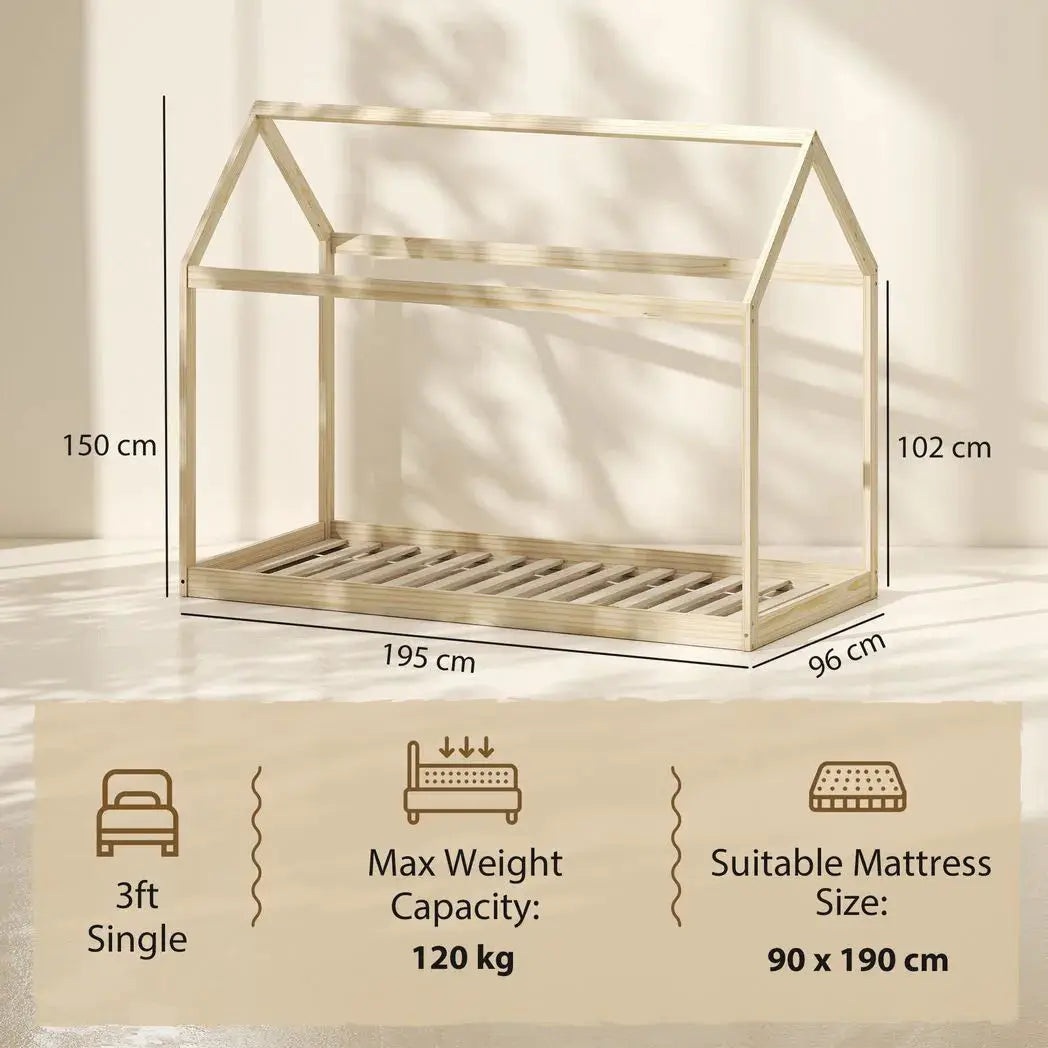 HOMCOM Single Bed Frame, House Scandinavian Wooden Bed Frame for 90W x 190Dcm Mattress, Pine Wood Bed Base, Natural Wood Finish - from HOMCOM