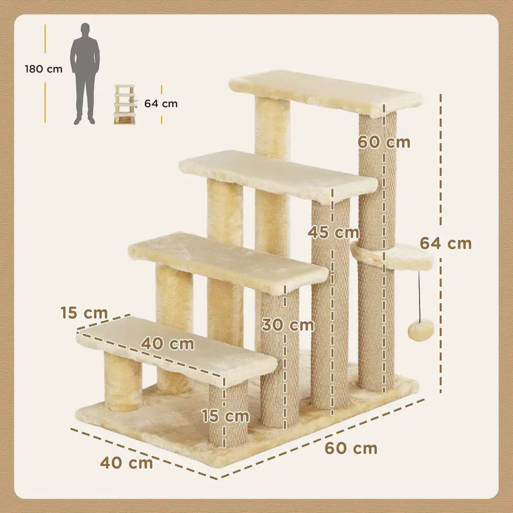 PawHut 4-step Pet Stairs with Scratching Posts, Platforms, Toy Ball, Beige - from PawHut