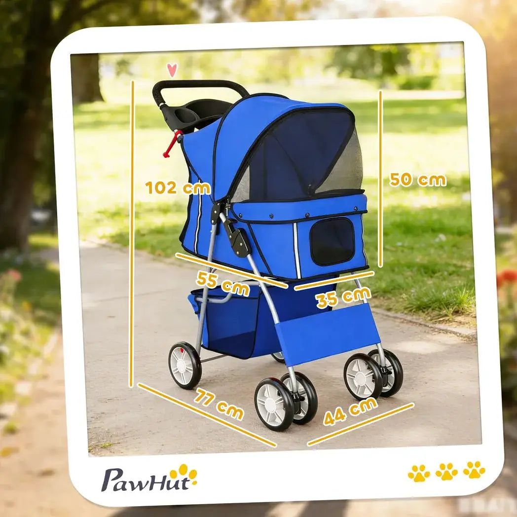 PawHut Dog Pram, Pet Stroller with Reflective Strips, Foldable Cat Stroller with 360° Swivel Wheels, Blue - from PawHut