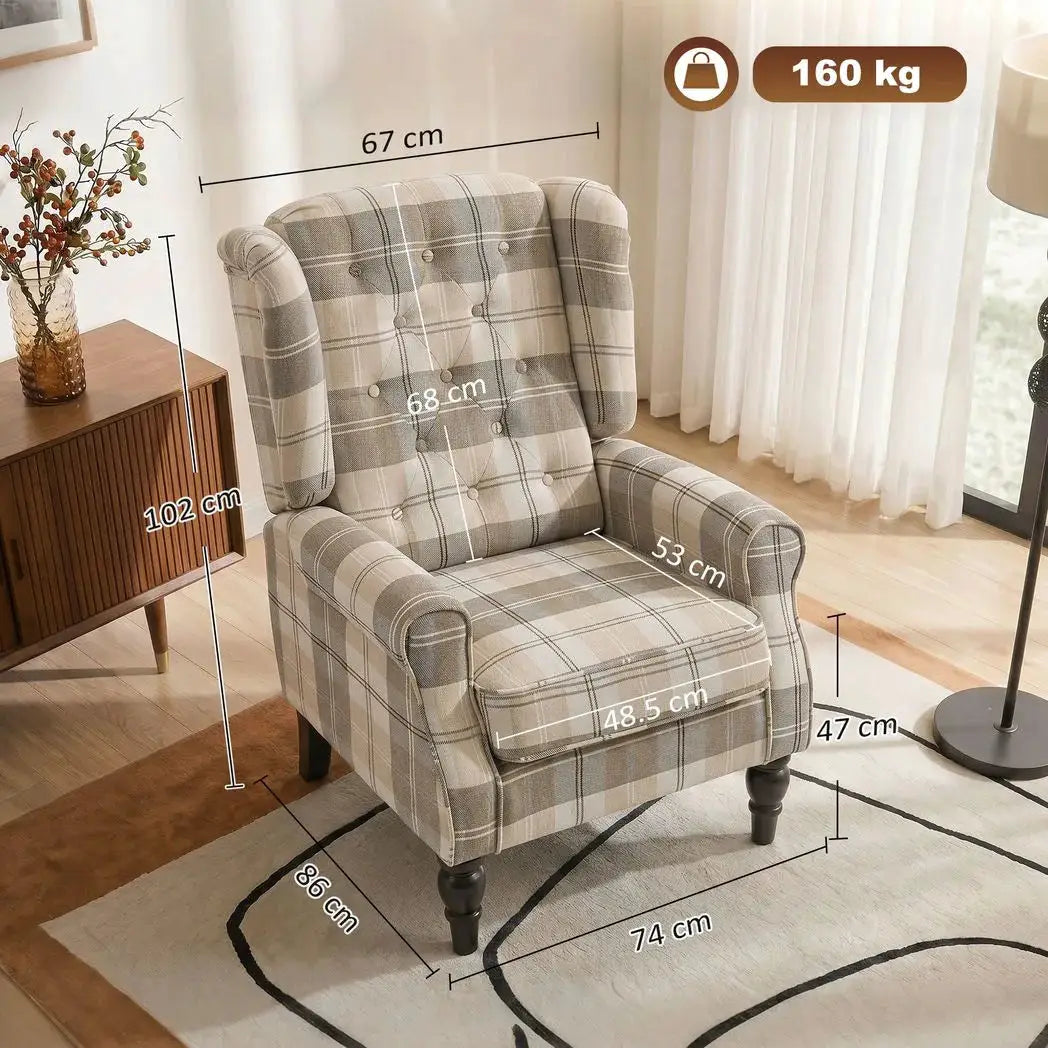 HOMCOM Wingback Accent Chair, Linen-Look Fabric Armchair with Thick Spring Cushion, High Back, Khaki Plaid - from HOMCOM