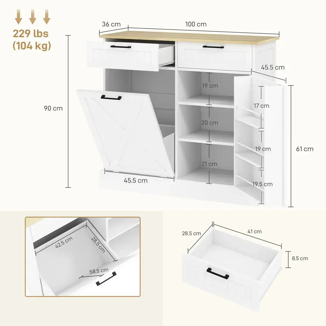 HOMCOM Sideboard with Tilt-out Trash Bin, Farmhouse Kitchen Sideboard with 2 Drawers, Adjustable Shelves, Door Racks, White - from HOMCOM