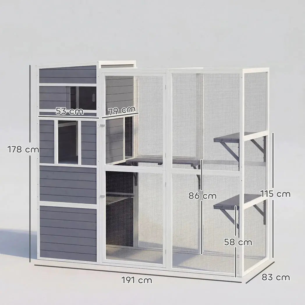 PawHut 4-Tier Wooden Catio Cat Outdoor Enclosure with Sun Roof, Resting Rooms, 3 Platforms, Window Outdoor Indoor, Grey - from PawHut