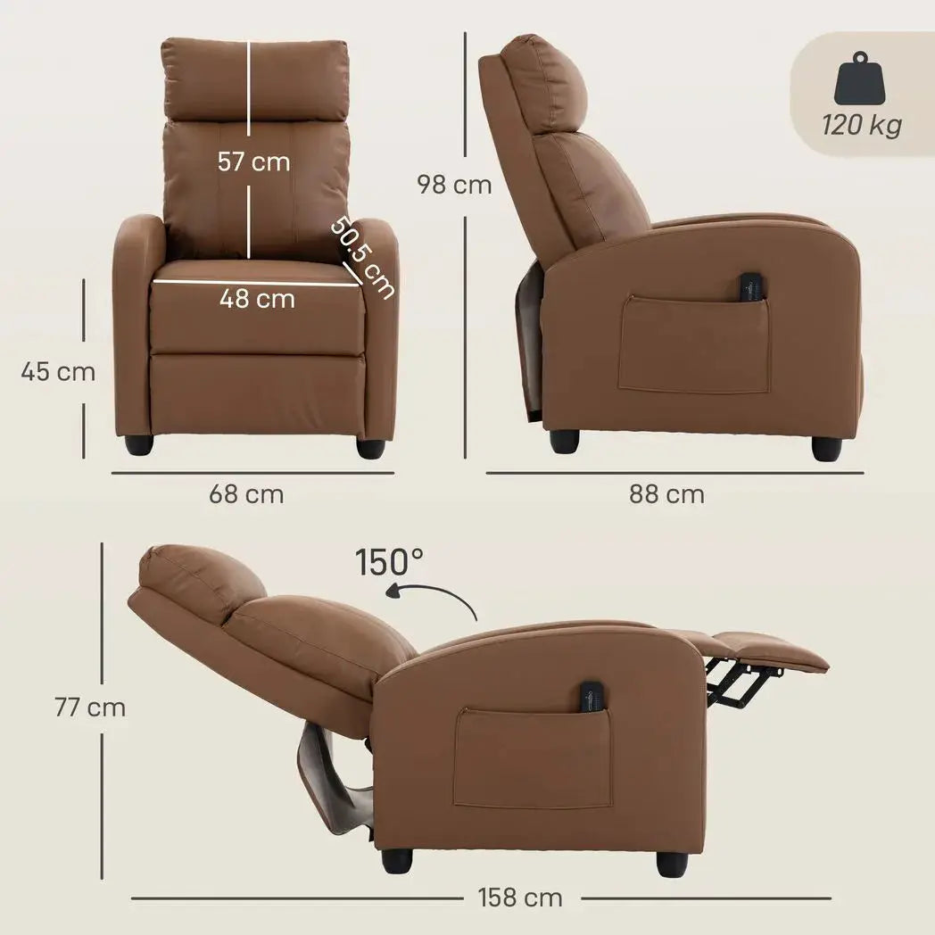 HOMCOM Recliner Armchair, Massage Faux Leather Push Back Reclining Chair with Adjustable Leg Rest, Side Pocket, Dark Brown - from HOMCOM