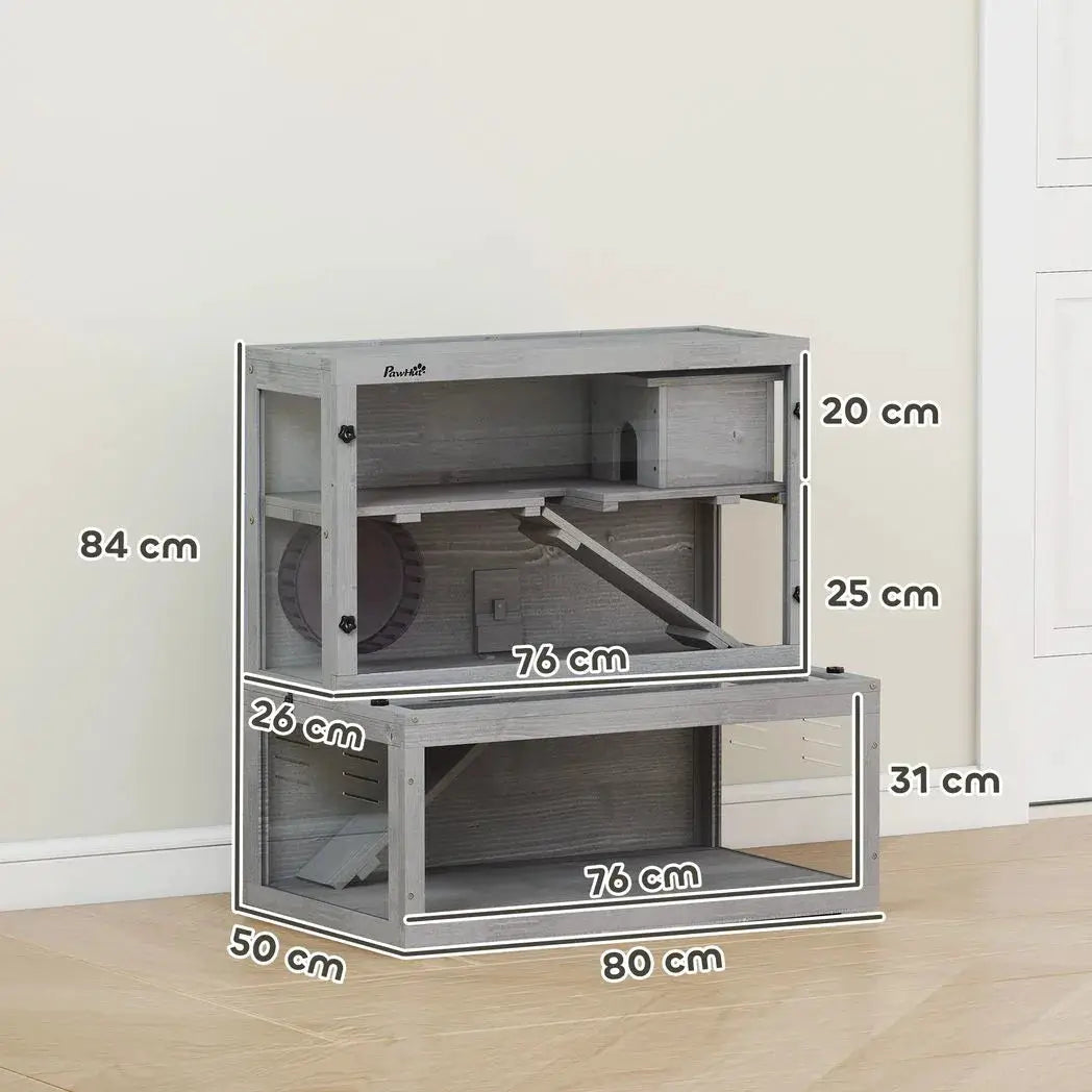 PawHut Wooden Hamster Cage with Hut, Wheel, Ramps, Removable Viewing Panels, 80 x 50 x 84 cm, Grey - from PawHut