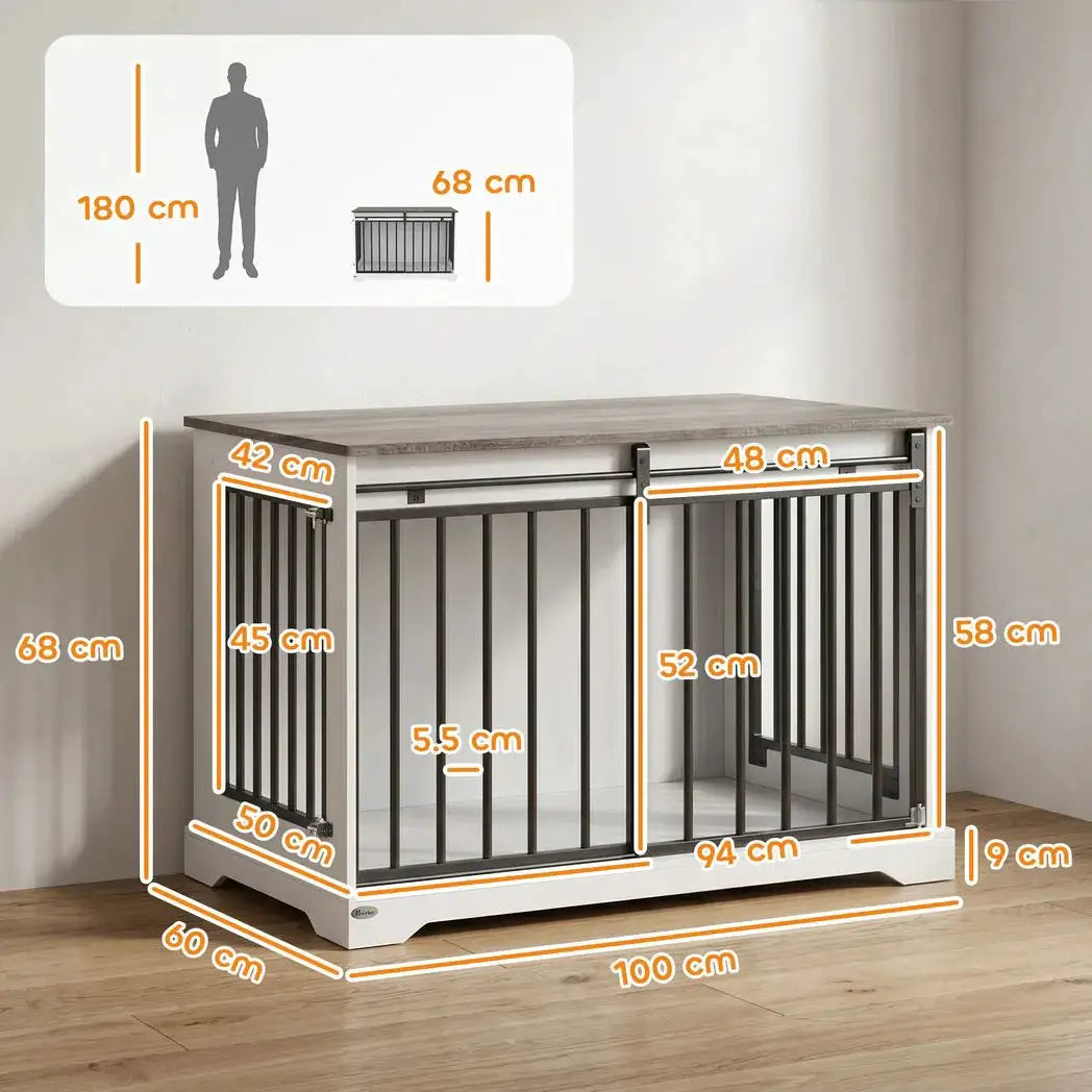 PawHut 100 cm Large Dog Crate Furniture with Sliding Barn Door for Large Dogs, White - from PawHut