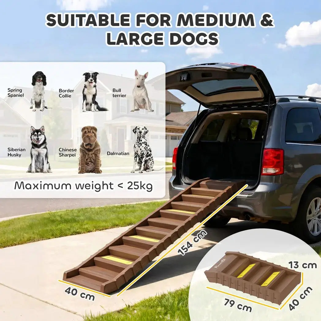 PawHut Dog Car Ramp with Anti-Slip Steps, 10-Steps Pet Stairs for Pets to Access Cars and High Beds, Brown - from PawHut