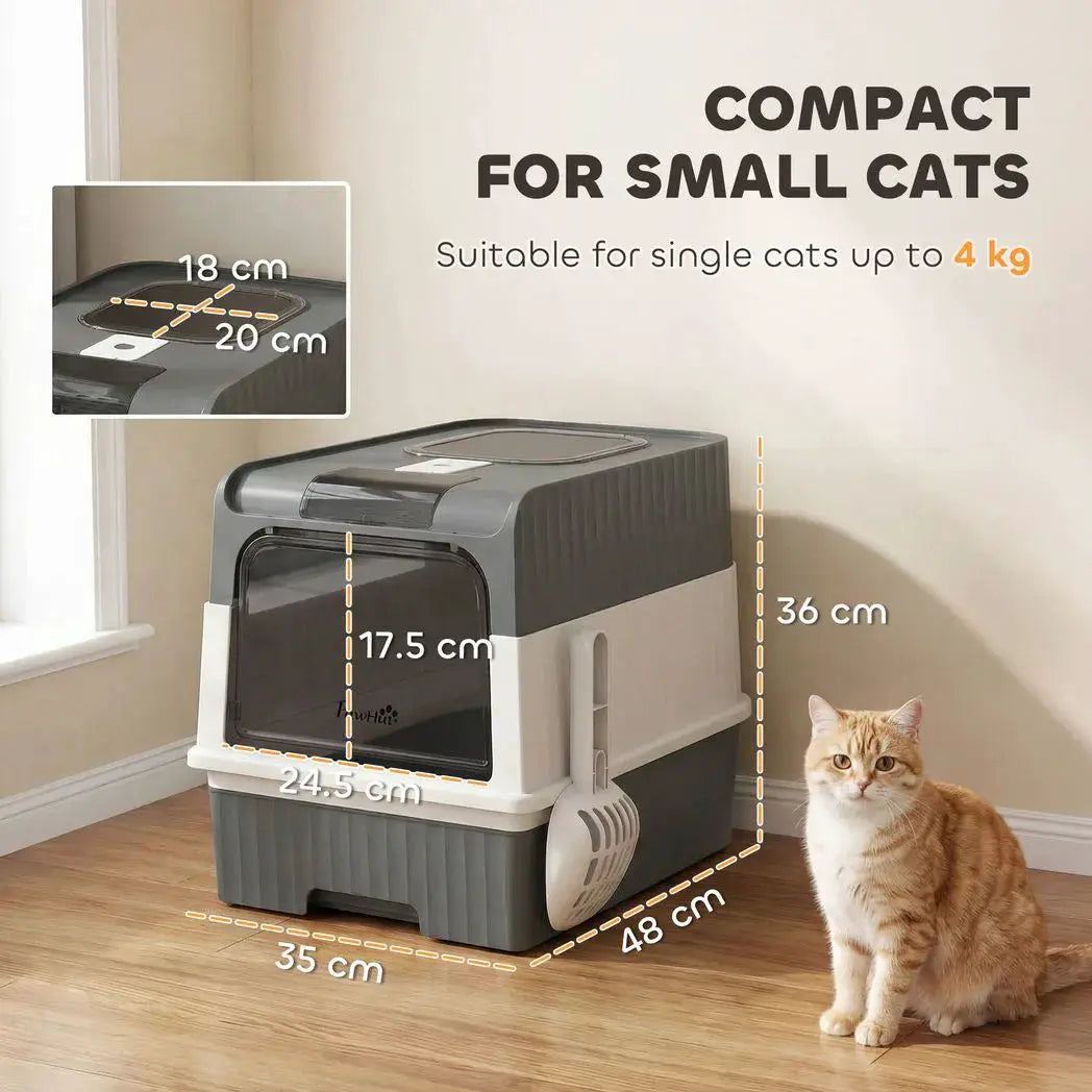 PawHut Enclosed Cat Litter Box with Lid, Pull-Out Drawer Tray, Scoop, 2 Deodorisation Bags, Front Entry & Top Exit, Grey - from PawHut