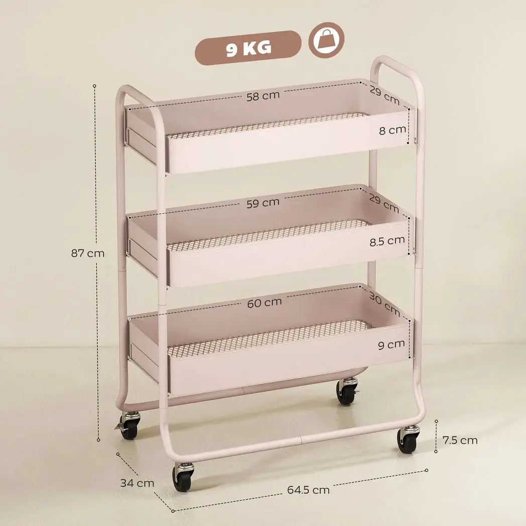 HOMCOM 3-Tier Storage Trolley on Wheels, Rolling Utility Cart with Mesh Backets for Kitchen, Bathroom, Bedroom, Light Pink - from HOMCOM