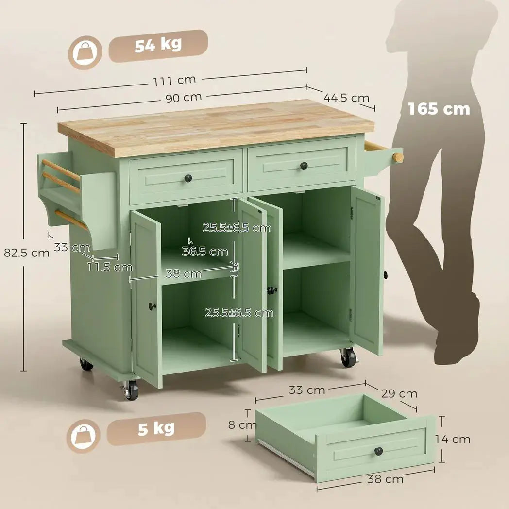 HOMCOM Rolling Kitchen Island Storage Trolley with Rubber Wood Top & Drawers for Dining Room, Light Green - from HOMCOM
