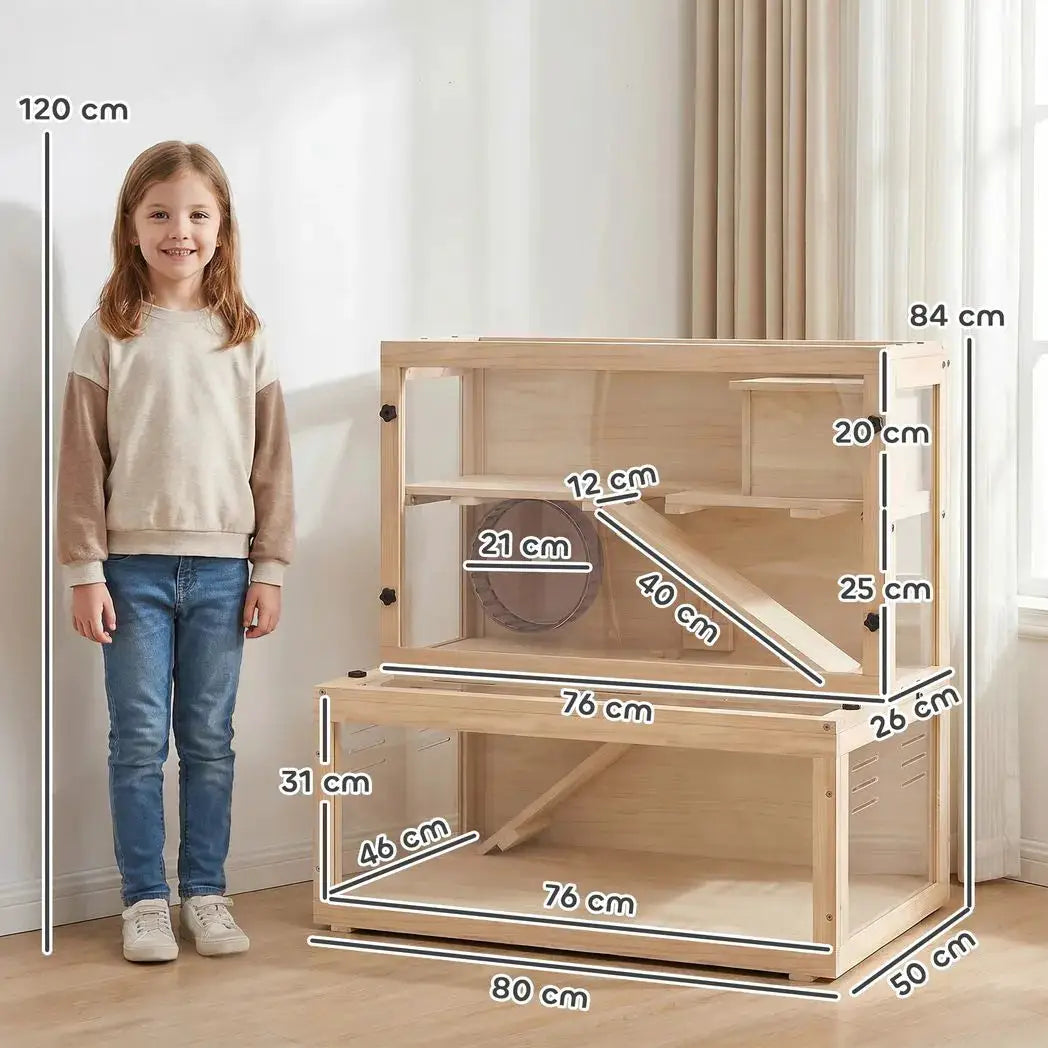PawHut Wooden Hamster Cage with Hut, Wheel, Ramps, Removable Viewing Panels, 80 x 50 x 84 cm, Natural - from PawHut