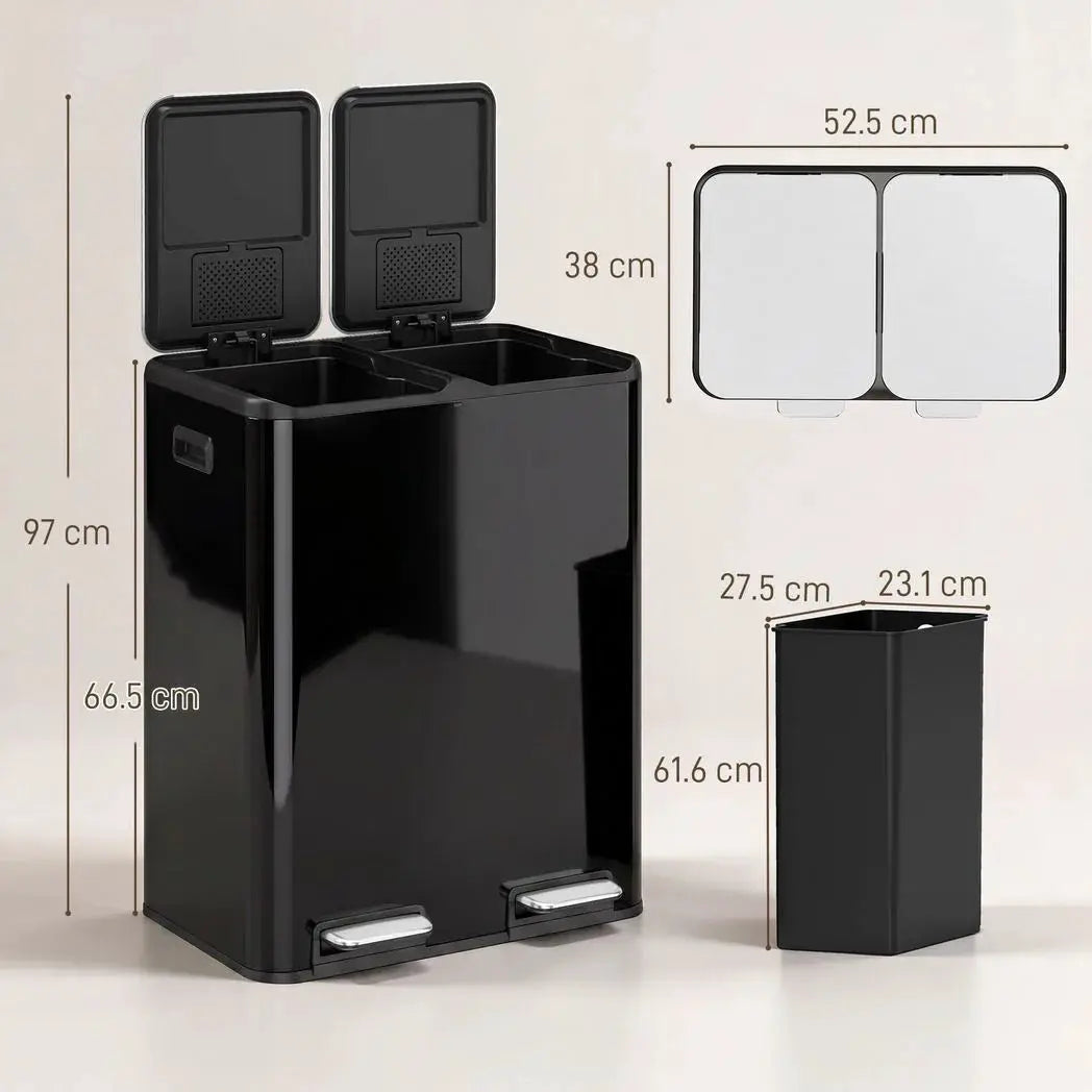 HOMCOM 2 x 30L Double Kitchen Bin, Stainless Steel Pedal Rubbish Bin with Dual Compartments, Soft Close Lids, High Gloss Black - from HOMCOM