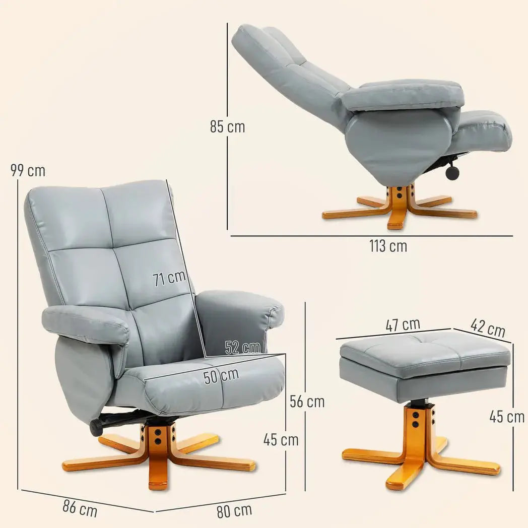 HOMCOM PU Leather Swivel Recliner Chair with Footstool, Wooden Base and Storage for Living Room, Light Grey - from HOMCOM