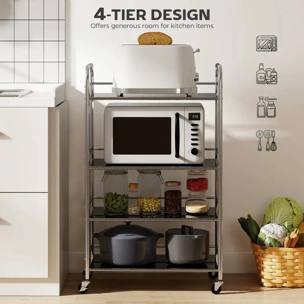 HOMCOM 4 Tier Stainless Steel Kitchen Storage Trolley with Adjustable Shelves - Silver - from HOMCOM