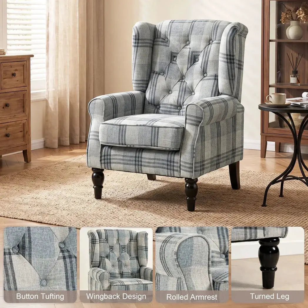 HOMCOM Faux Linen Armchair with Thick Spring Cushion, Wingback Accent Chair with High Back, Solid Wood Legs, Mixed Plaid - from HOMCOM
