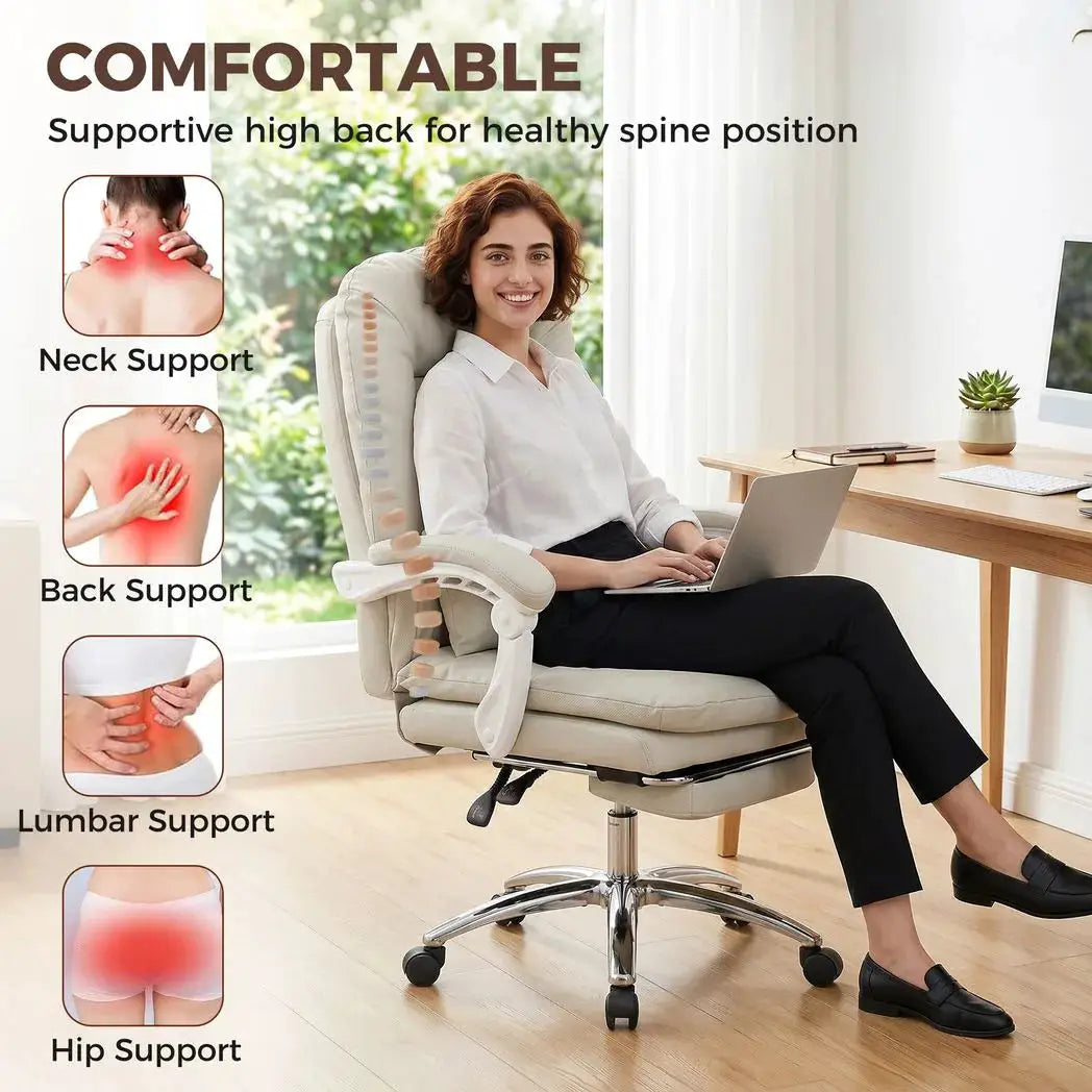 HOMCOM Ergonomic Executive Office Chair, Reclining Desk Chair with Lumbar Support, Footrest, Plush Thick Cushion, Khaki - from HOMCOM