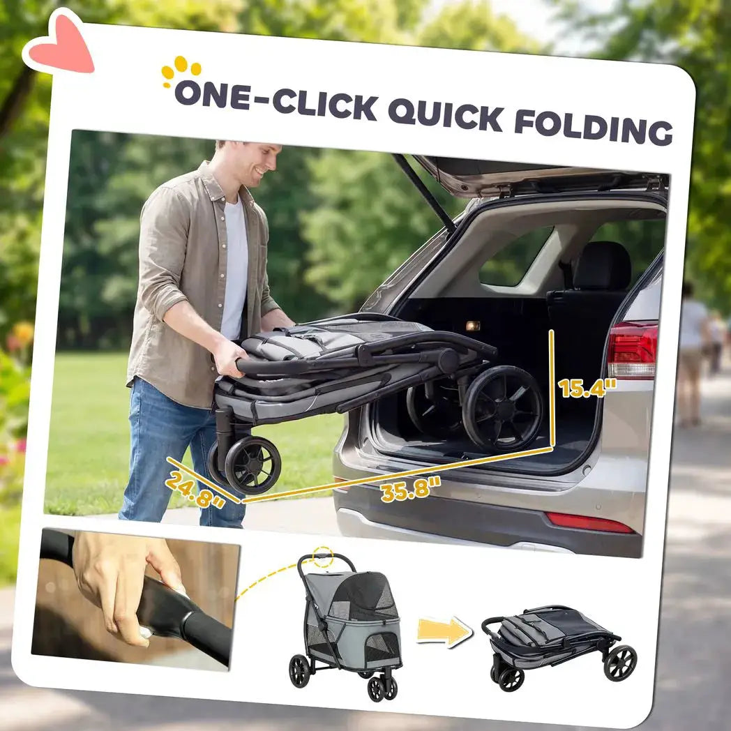 PawHut Dog Stroller, 3 Wheels Pet Stroller with Dual Entry, Easy One-Click Quick Fold, Mesh Windows, Washable Cushion - from PawHut