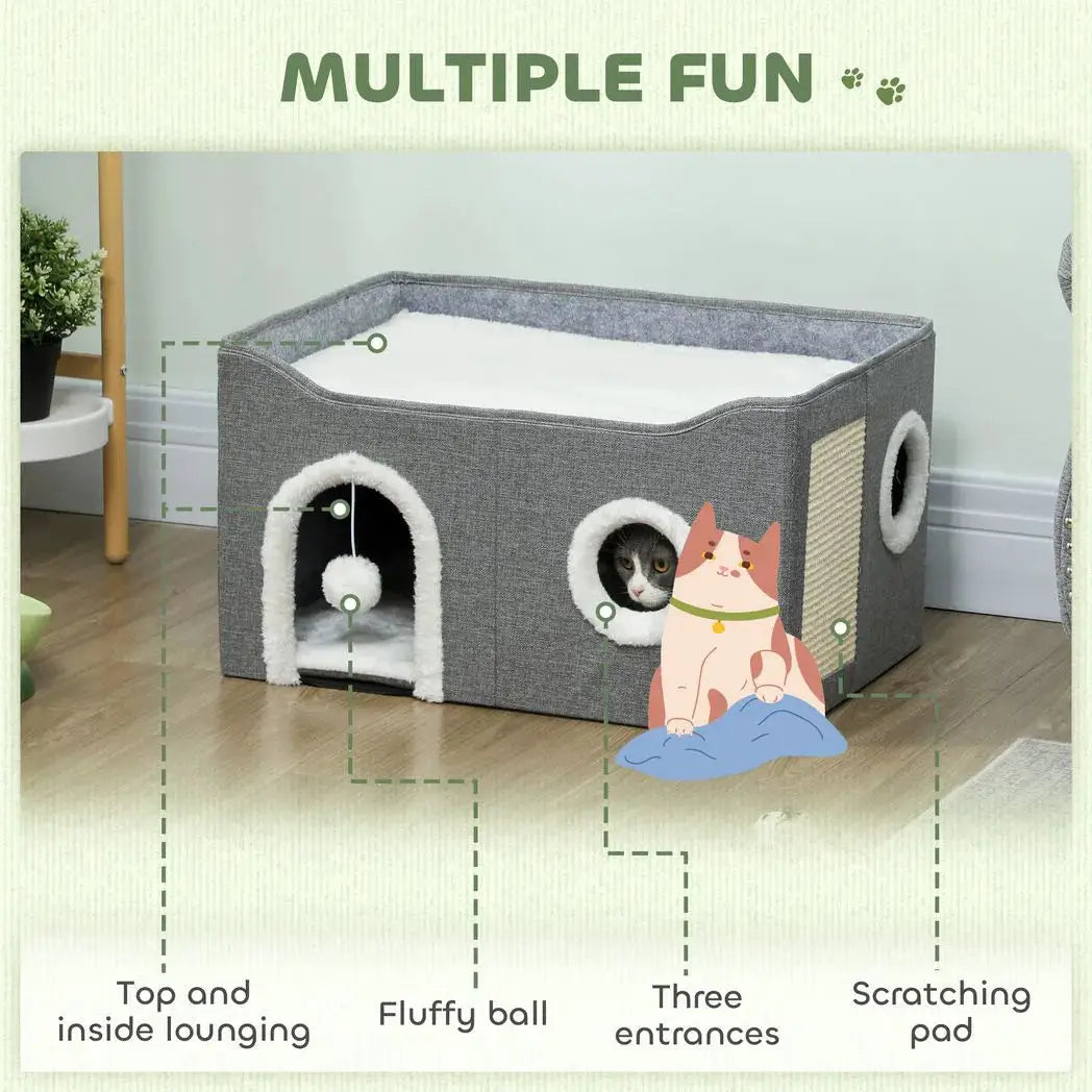 PawHut Cat Bed for Indoor Pets, Foldable Cat House with Fluffy Ball and Scratch Pad for Small and Medium Pets, Grey - from PawHut