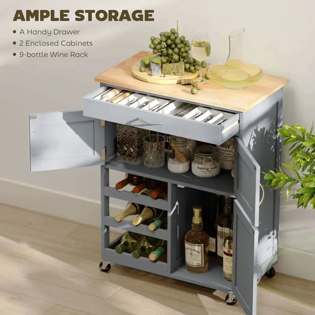 HOMCOM Modern Kitchen Trolley, Rolling Island Storage Cart with Drawer, 9-bottle Wine Rack, Door Cabinets, Wooden Countertop, Grey - from HOMCOM