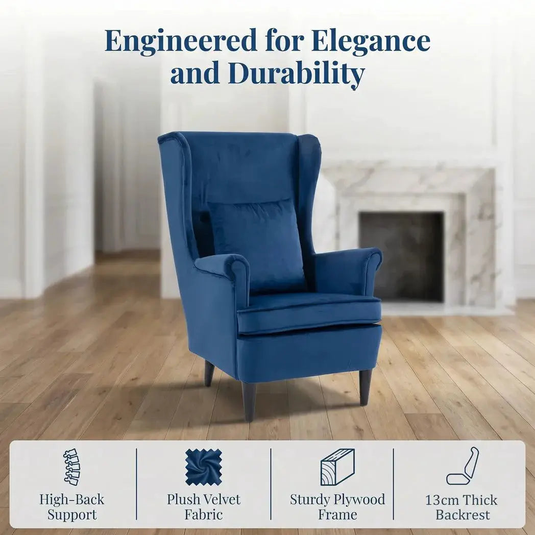 HOMCOM Modern Accent Chair with High Backrest and Pillow, Velvet-Feel Fabric Reading Chair with Solid Wood Legs, Blue - from HOMCOM