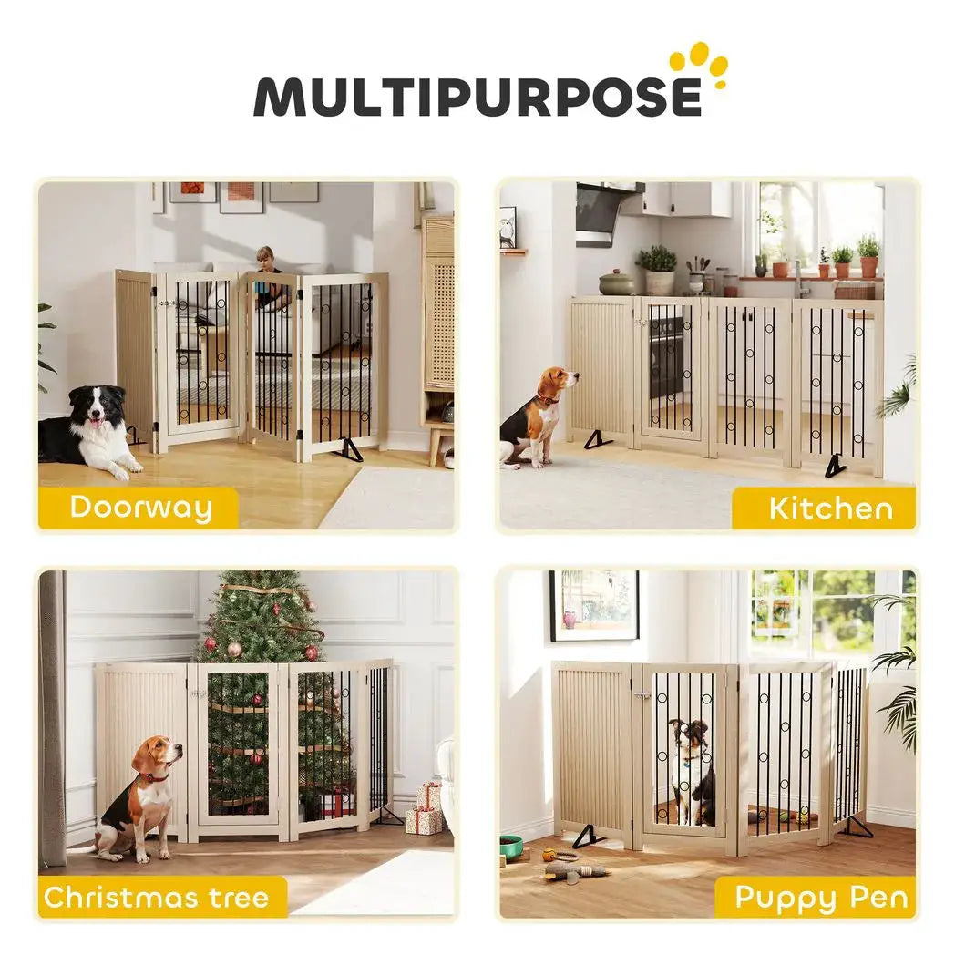 PawHut 4 Panel Freestanding Pet Gate, Indoor Dog Barrier with Lockable Door, Support Feet, 360° Flexible Hinges, Oak - from PawHut