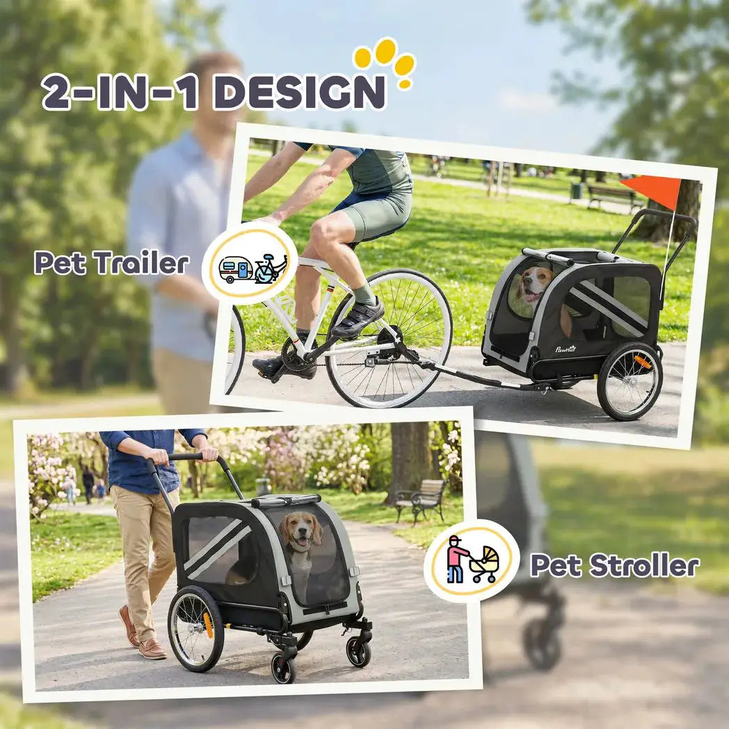 PawHut 2-In-1 Pet Bike Trailer Dog Stroller Pushchair with Universal Wheel Reflector Flag Grey - from PawHut