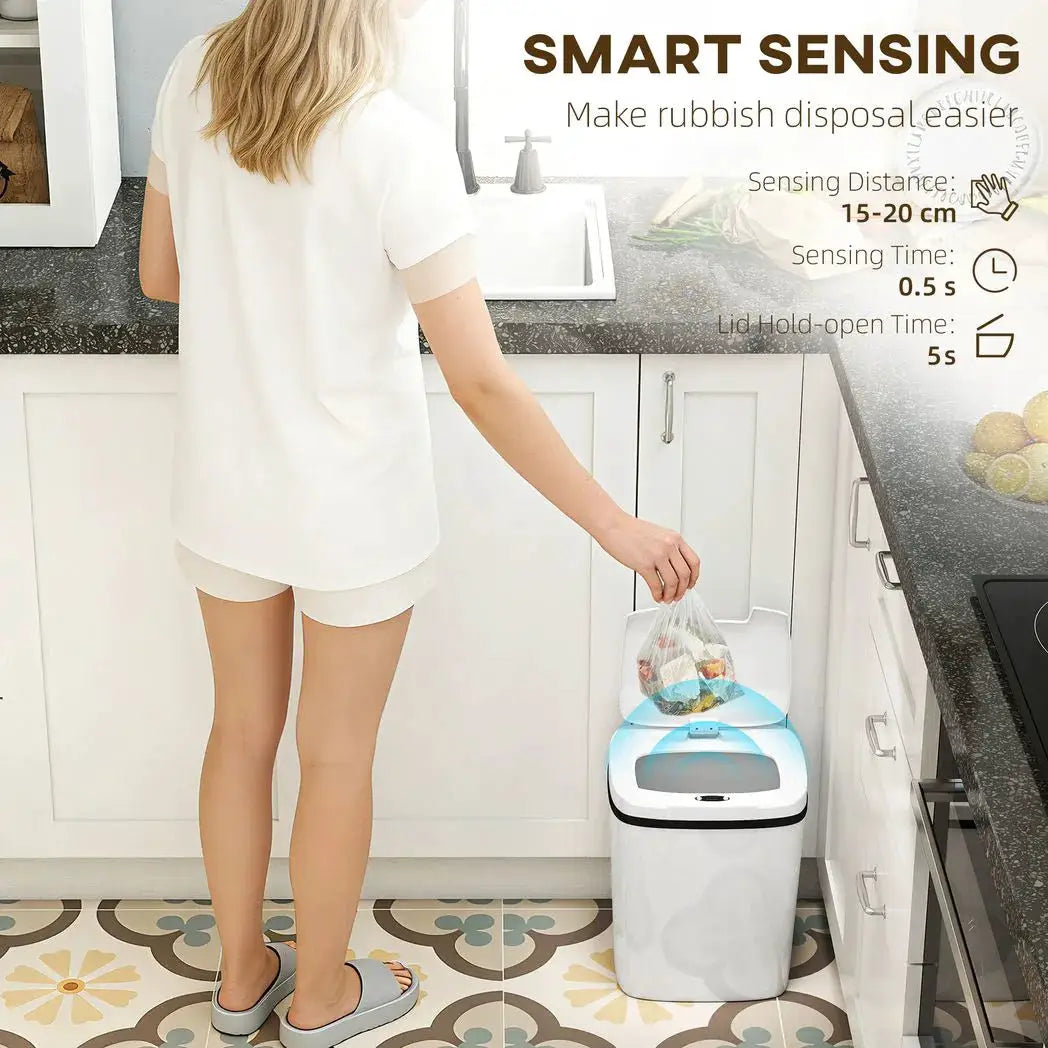 HOMCOM 15L Sensor Bin, Automatic Touchless Kitchen Bin, Easy Clean, Battery Operated for Home Office, Bedroom, Bathroom, White - from HOMCOM