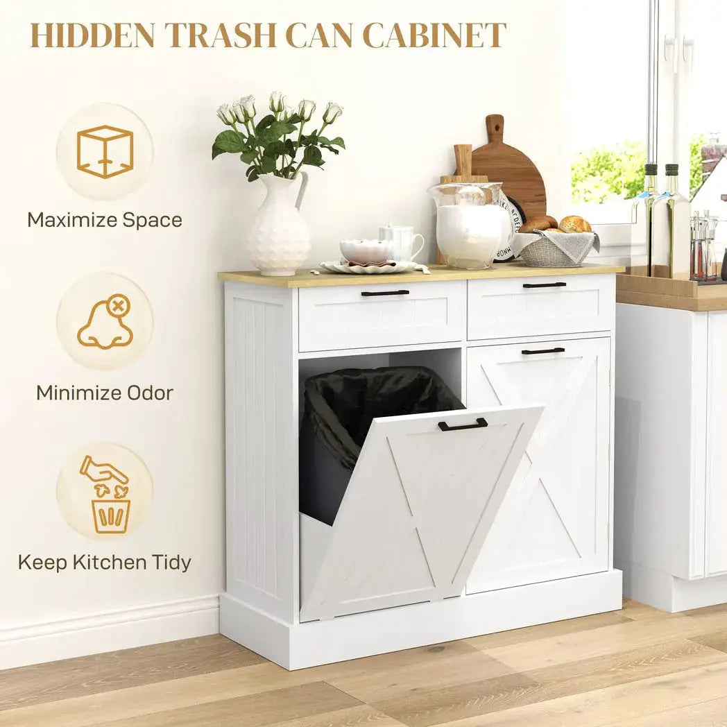 HOMCOM Sideboard with Tilt-out Trash Bin, Farmhouse Kitchen Sideboard with 2 Drawers, Adjustable Shelves, Door Racks, White - from HOMCOM